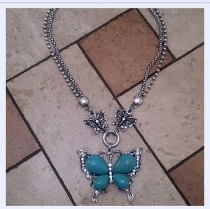 Turquoise and silver butterfly necklace